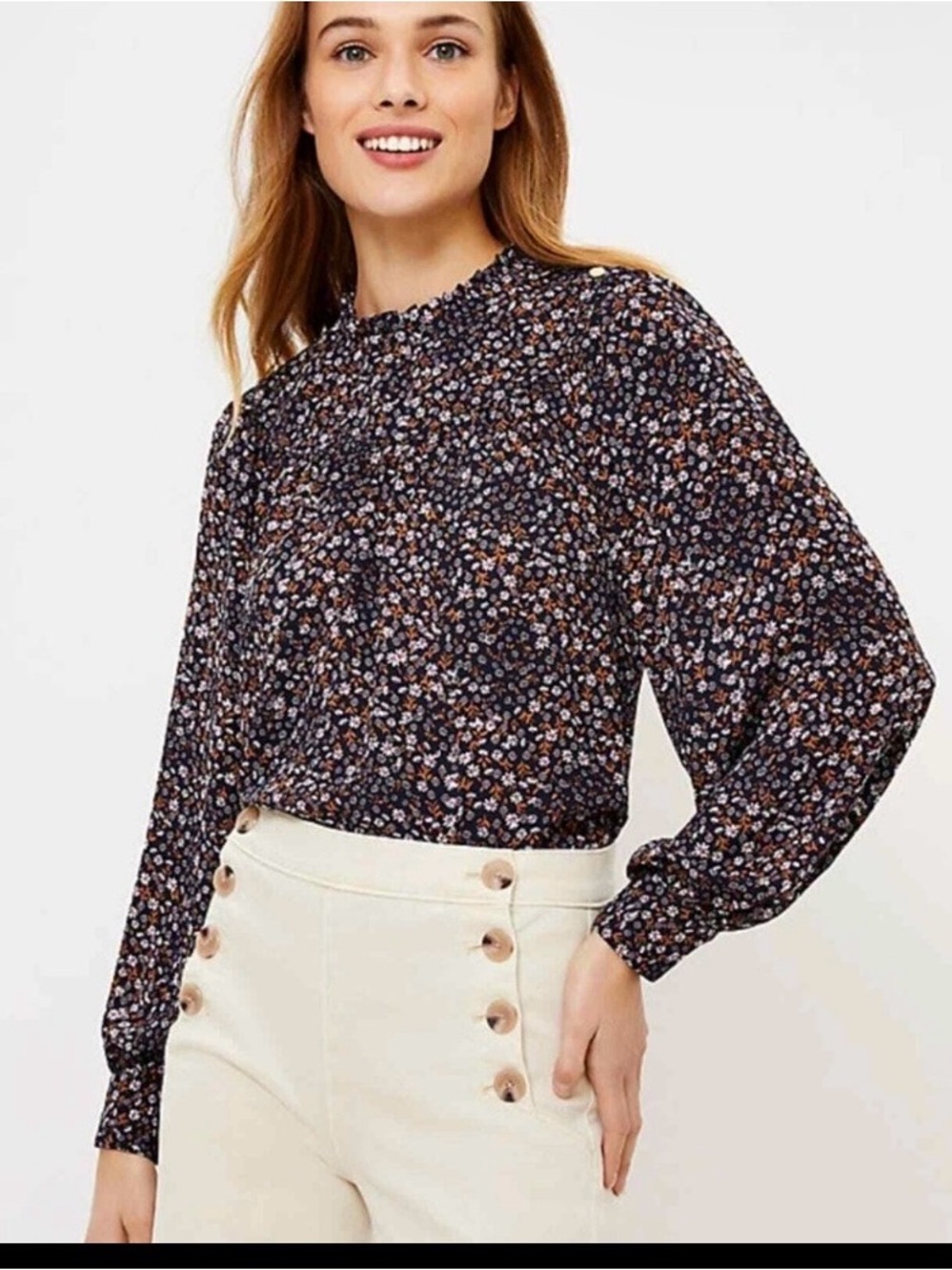 LOFT Navy Floral Blouse with Pink and Brown Accents
